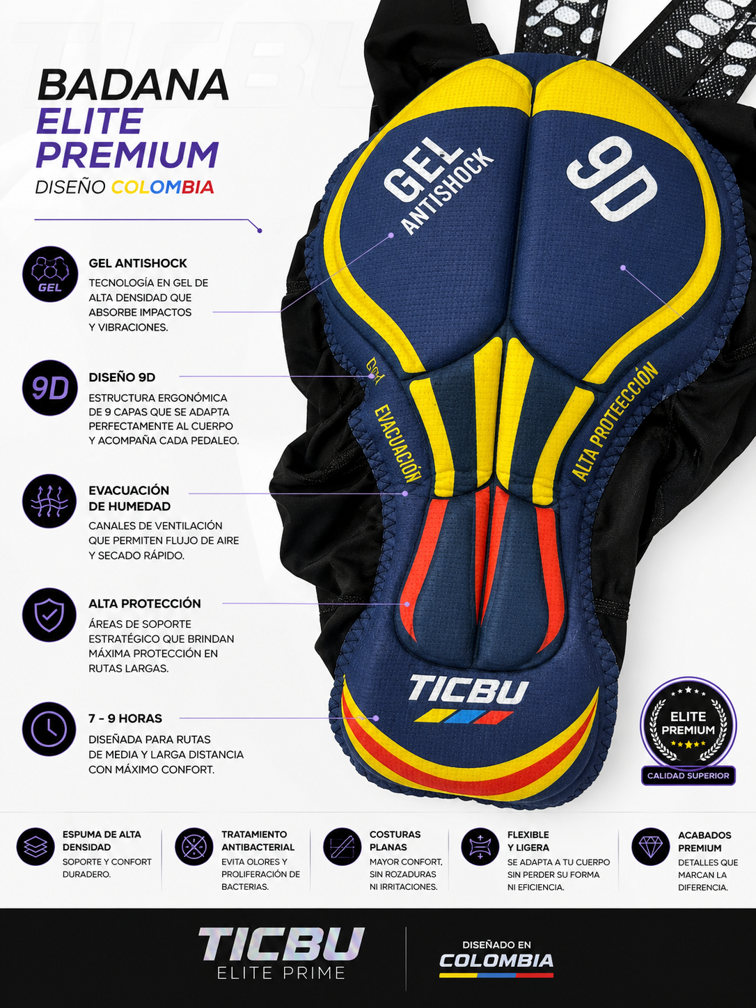 Licra de Ciclismo Elite Prime Hombre – Badana Gel 9D Premium | TICBU